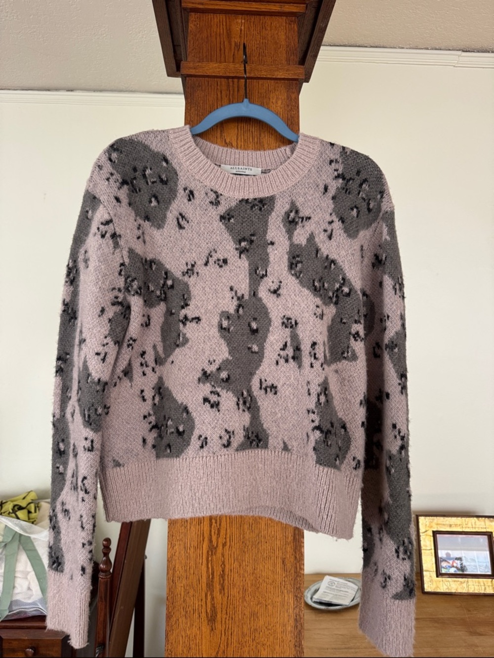 All Saints Pink Crewneck Sweater with Gray / Purple Leopard Motif